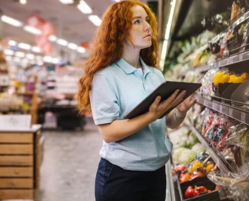 A produce department employee visually inspects fresh produce